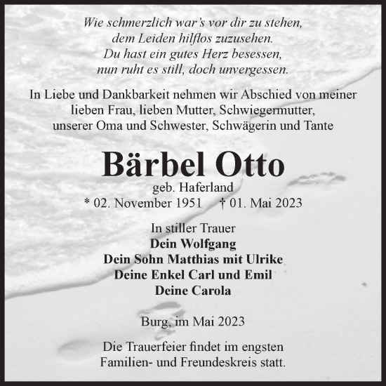 Traueranzeige von Bärbel Otto von Volksstimme Burg/Genthin