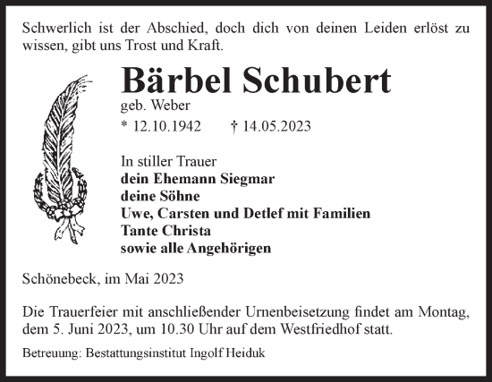 Traueranzeige von Bärbel Schubert von Volksstimme Schönebeck