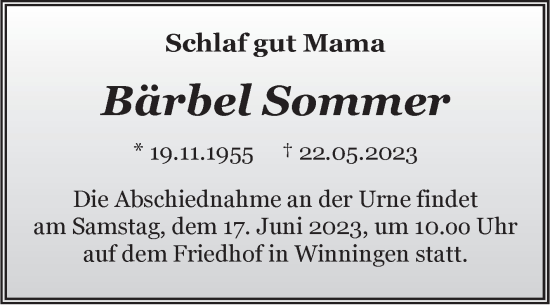 Traueranzeige von Bärbel Sommer von Trauerkombi Aschersleben