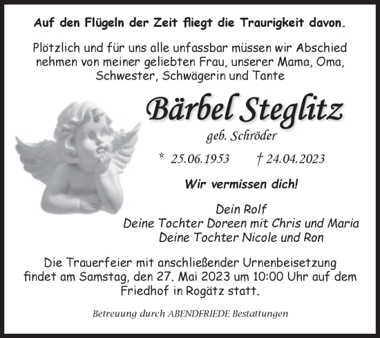 Traueranzeige von Bärbel Steglitz von Volksstimme Haldensleben/Wolmirstedt