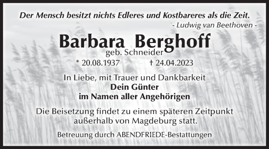 Traueranzeige von Barbara Berghoff von Volksstimme Magdeburg