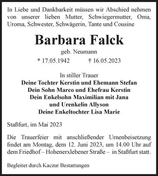 Traueranzeige von Barbara Falck von Volksstimme Staßfurt