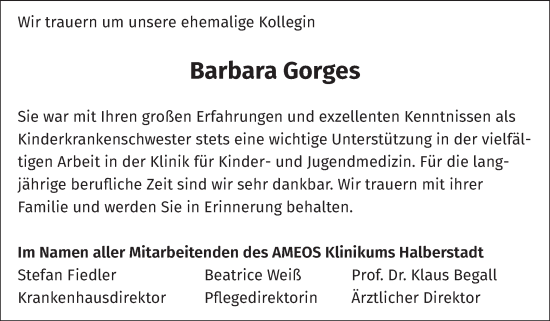 Traueranzeige von Barbara Gorges von Volksstimme Halberstadt