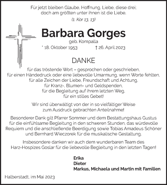 Traueranzeige von Barbara Gorges von Volksstimme Halberstadt
