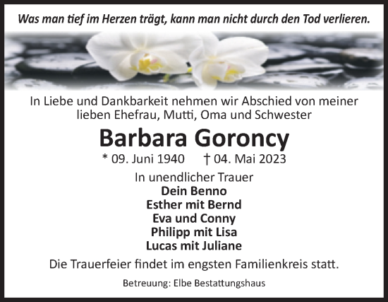 Traueranzeige von Barbara Goroncy von Volksstimme Oschersleben/Wanzleben