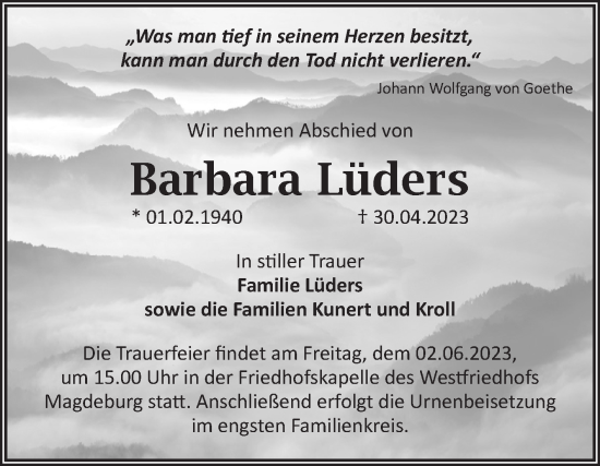 Traueranzeige von Barbara Lüders von Volksstimme Magdeburg