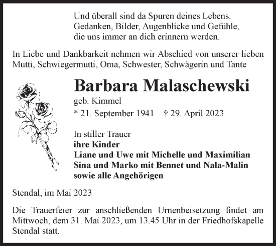 Traueranzeige von Barbara Malaschewski von Volksstimme Altmark Ost