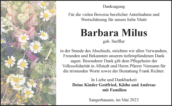 Traueranzeige von Barbara Milus von Trauerkombi Mansfelder Land