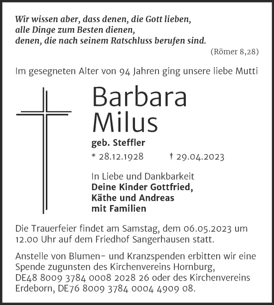 Traueranzeige von Barbara Milus von Mitteldeutsche Zeitung Mansfelder Land