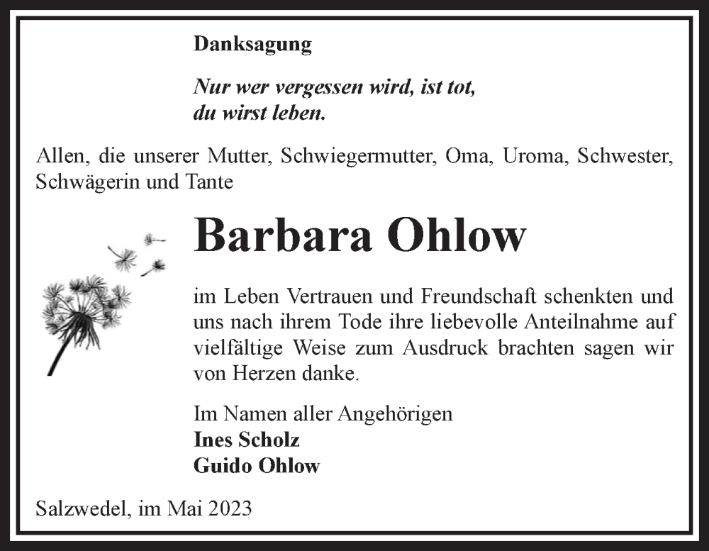  Traueranzeige für Barbara Ohlow vom 26.05.2023 aus Volksstimme Altmark West