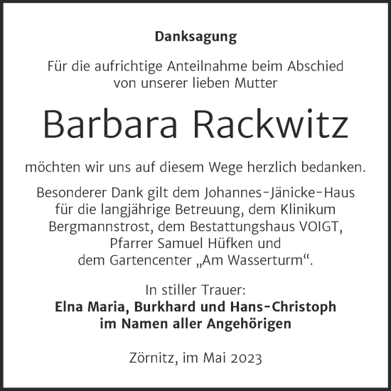 Traueranzeige von Barbara Rackwitz von Mitteldeutsche Zeitung Halle/Saalkreis