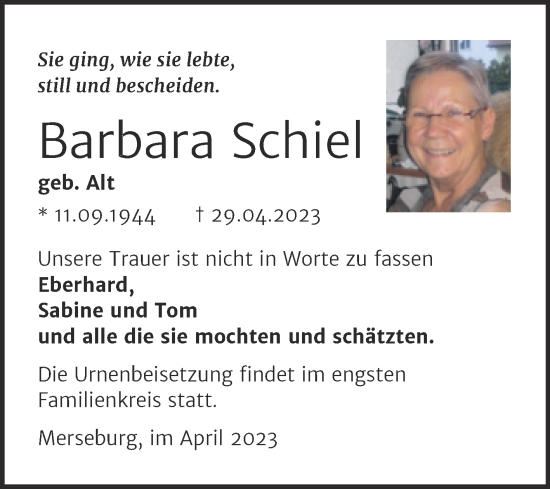 Traueranzeige von Barbara Schiel von Trauerkombi Merseburg