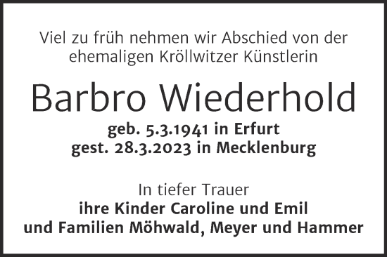 Traueranzeige von Barbro Wiederhold von Mitteldeutsche Zeitung Halle/Saalkreis