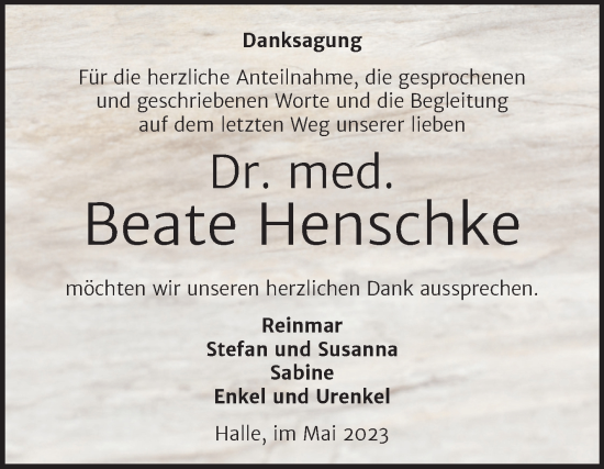 Traueranzeige von Beate Henschke von Mitteldeutsche Zeitung Halle/Saalkreis