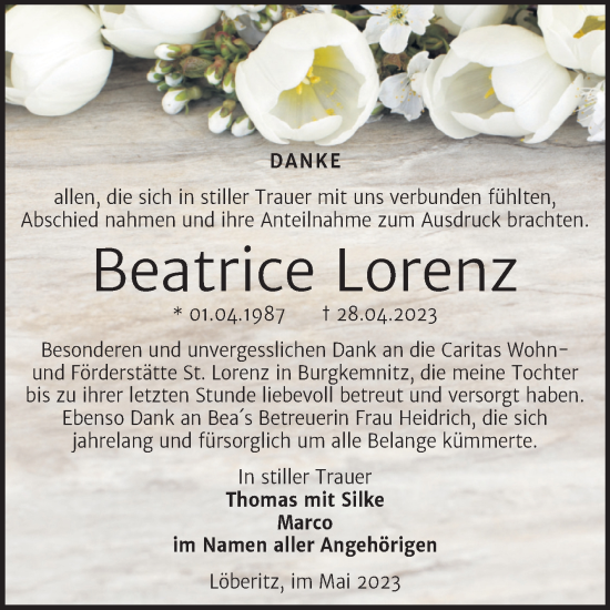 Traueranzeige von Beatrice Lorenz von Trauerkombi Bitterfeld