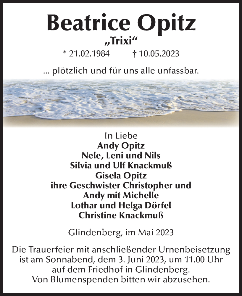  Traueranzeige für Beatrice Opitz vom 27.05.2023 aus Volksstimme Haldensleben/Wolmirstedt
