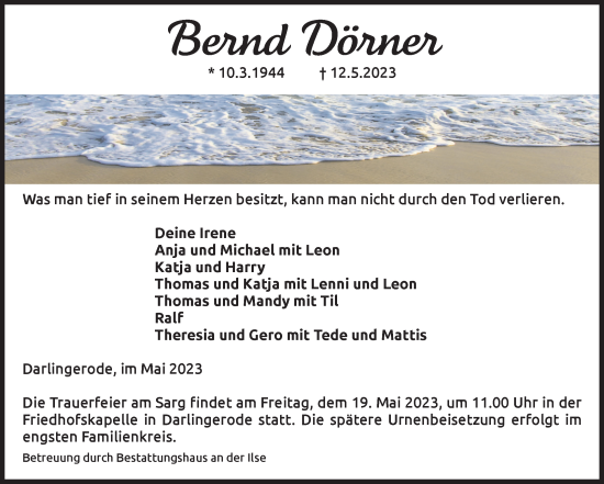 Traueranzeige von Bernd Dörner von Volksstimme Wernigerode