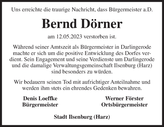 Traueranzeige von Bernd Dörner von Volksstimme Wernigerode