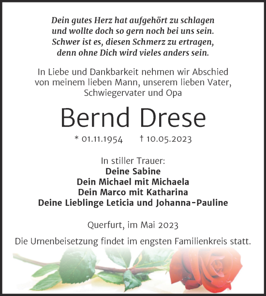 Traueranzeige von Bernd Drese von Trauerkombi Merseburg