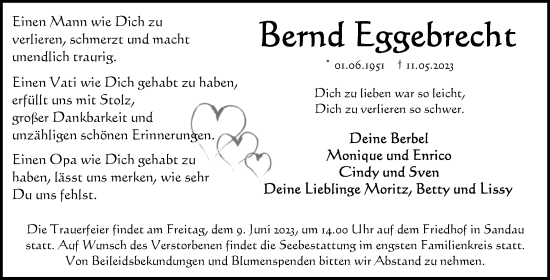 Traueranzeige von Bernd Eggebrecht von Volksstimme Altmark Ost
