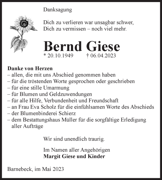 Traueranzeige von Bernd Giese von Volksstimme Altmark West