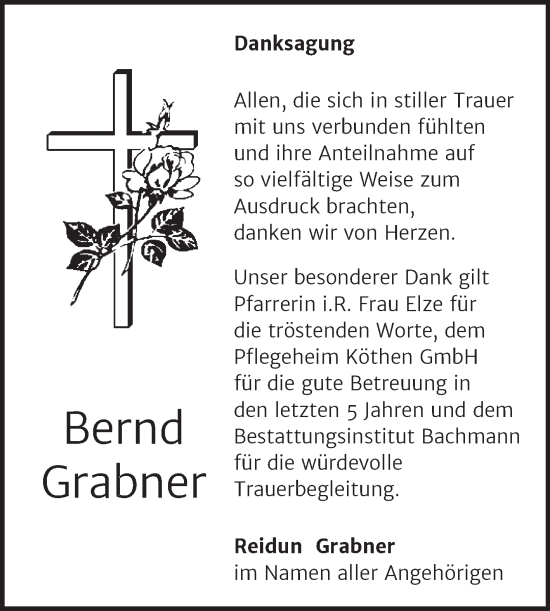 Traueranzeige von Bernd Grabner von Trauerkombi Dessau