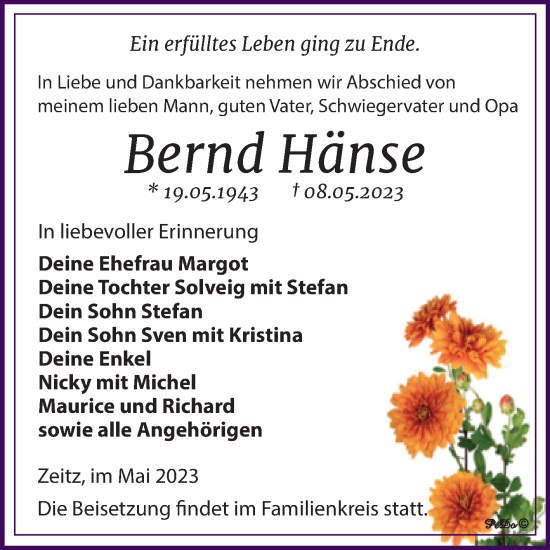 Traueranzeige von Bernd Hänse von Trauerkombi Zeitz