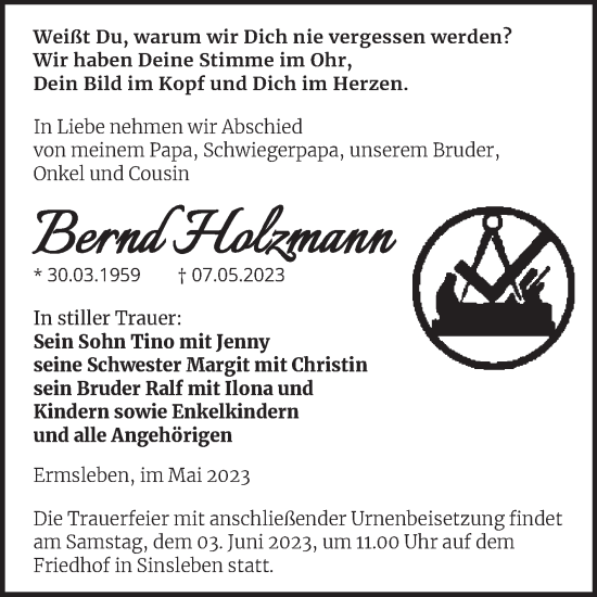 Traueranzeige von Bernd Holzmann von Trauerkombi Quedlinburg