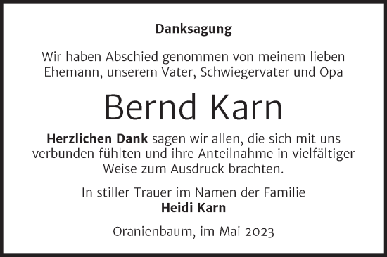 Traueranzeige von Bernd Karn von Trauerkombi Wittenberg