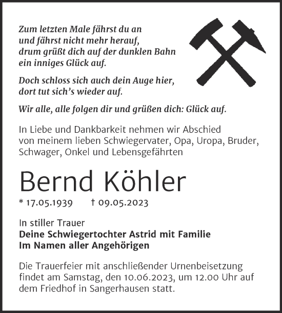 Traueranzeige von Bernd Köhler von Trauerkombi Sangerhausen