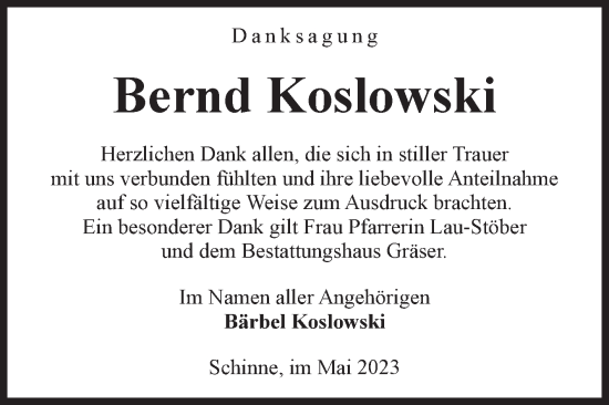 Traueranzeige von Bernd Koslowski von Volksstimme Altmark Ost