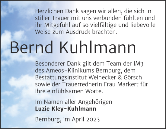 Traueranzeige von Bernd Kuhlmann von Trauerkombi Bernburg