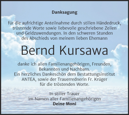 Traueranzeige von Bernd Kursawa von Trauerkombi Dessau