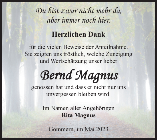 Traueranzeige von Bernd Magnus von Volksstimme Burg/Genthin