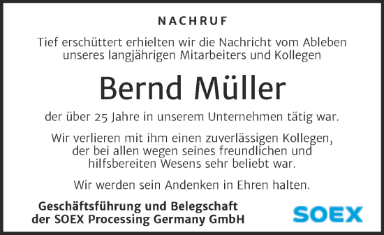 Traueranzeige von Bernd Müller von Wochenspiegel Bitterfeld