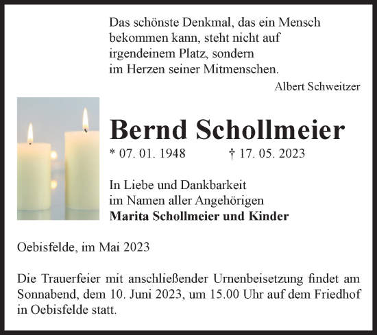 Traueranzeige von Bernd Schollmeier von Volksstimme Altmark West