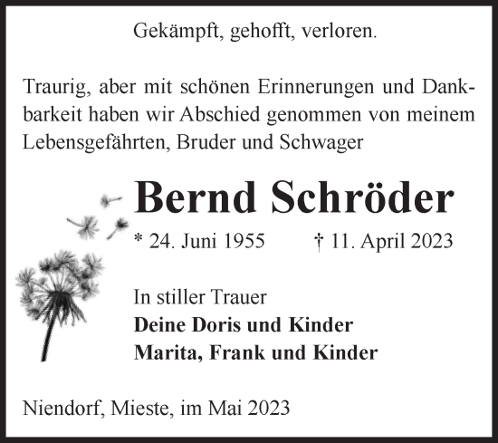 Traueranzeige von Bernd Schröder von Volksstimme Altmark West