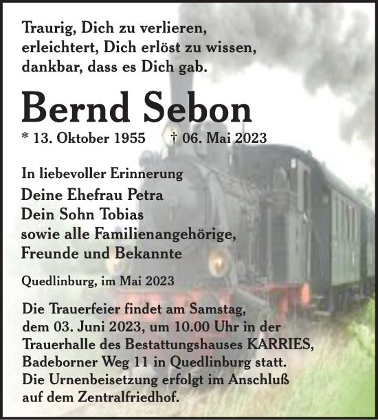 Traueranzeige von Bernd Sebon von Trauerkombi Quedlinburg