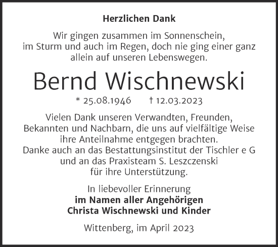 Traueranzeige von Bernd Wischnewski von Trauerkombi Wittenberg