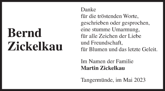 Traueranzeige von Bernd Zickelkau von Volksstimme Altmark Ost