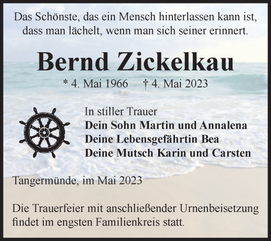 Traueranzeige von Bernd Zickelkau von Volksstimme Altmark Ost