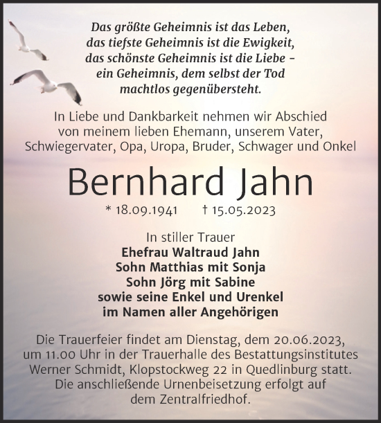 Traueranzeige von Bernhard Jahn von Trauerkombi Quedlinburg