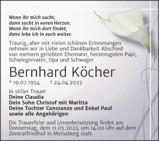 Traueranzeige von Bernhard Köcher von Trauerkombi Merseburg