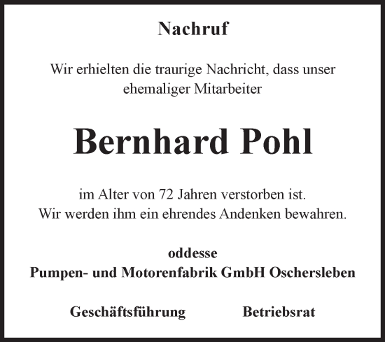 Traueranzeige von Bernhard Pohl von Volksstimme Oschersleben/Wanzleben