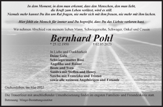 Traueranzeige von Bernhard Pohl von Volksstimme Oschersleben/Wanzleben