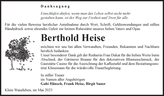 Traueranzeige von Berthold Heise von Volksstimme Oschersleben/Wanzleben