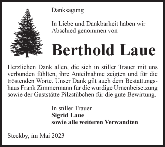 Traueranzeige von Berthold Laue von Volksstimme Zerbst