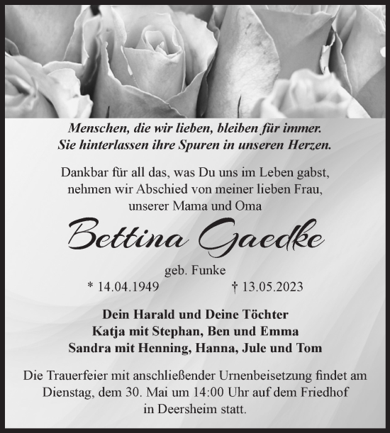 Traueranzeige von Bettina Gaedke von Volksstimme Halberstadt