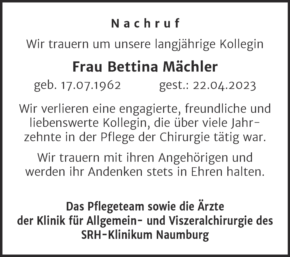  Traueranzeige für Bettina Mächler vom 03.05.2023 aus Wochenspiegel Naumburg/Nebra