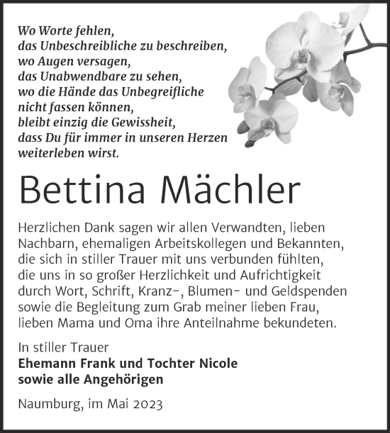Traueranzeige von Bettina Mächler von Naumburger Tageblatt
